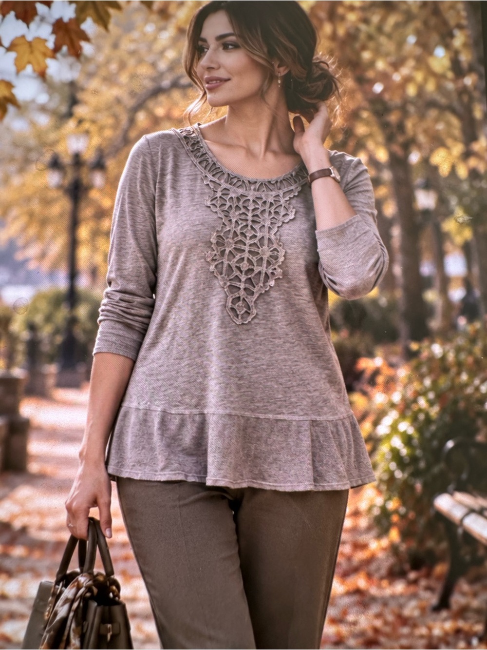 Soft Surroundings Taupe Crochet-Front Peplum Sweatshirt